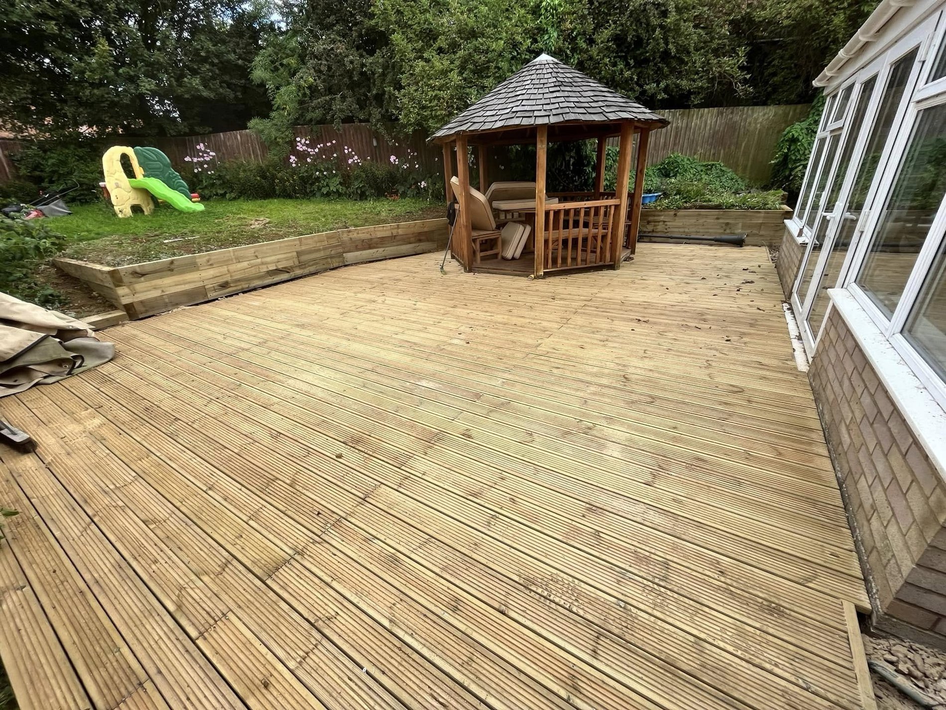 Large timber deck with summerhouse